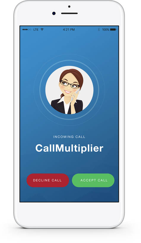 Incoming phone call from CallMultiplier shown on rendering of a smartphone screen.
