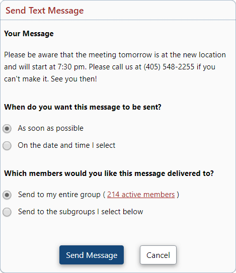 Screenshot of CallMultiplier's web interface, showing the process of sending a text message.